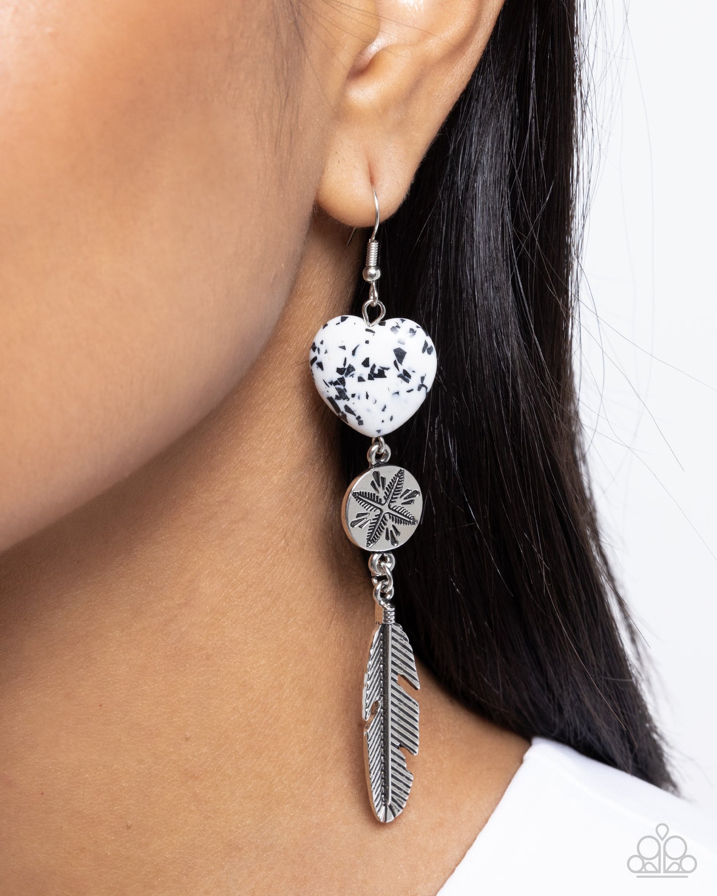 Free-Spirited Fame - White & Black Stone Heart Silver Feather Santa Fe Style Earring Paparazzi E2484