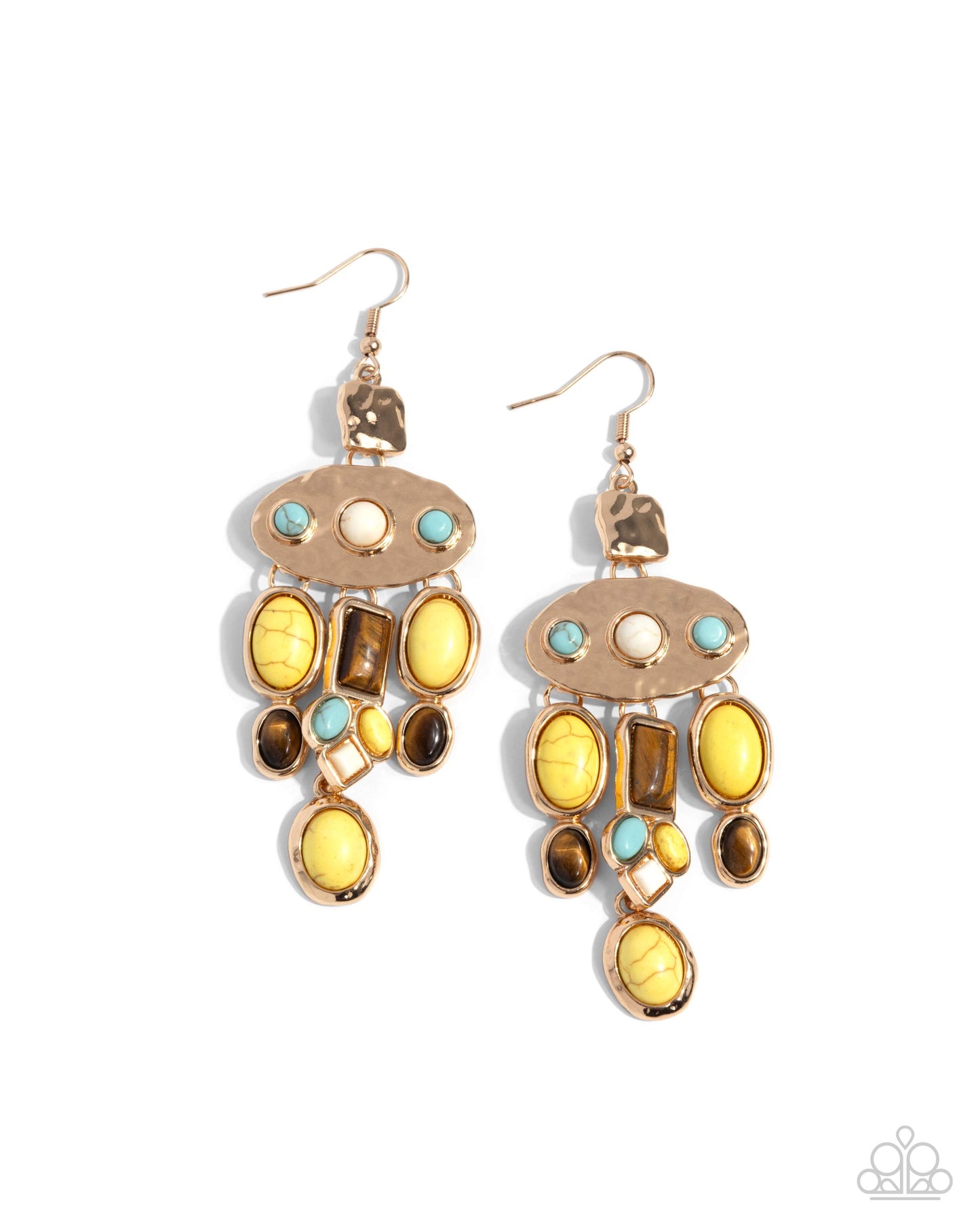 Inspired Interval - Yellow, Tiger's Eye, White & Turquoise Stone Hammered Gold Santa Fe Style Earring Paparazzi E2387