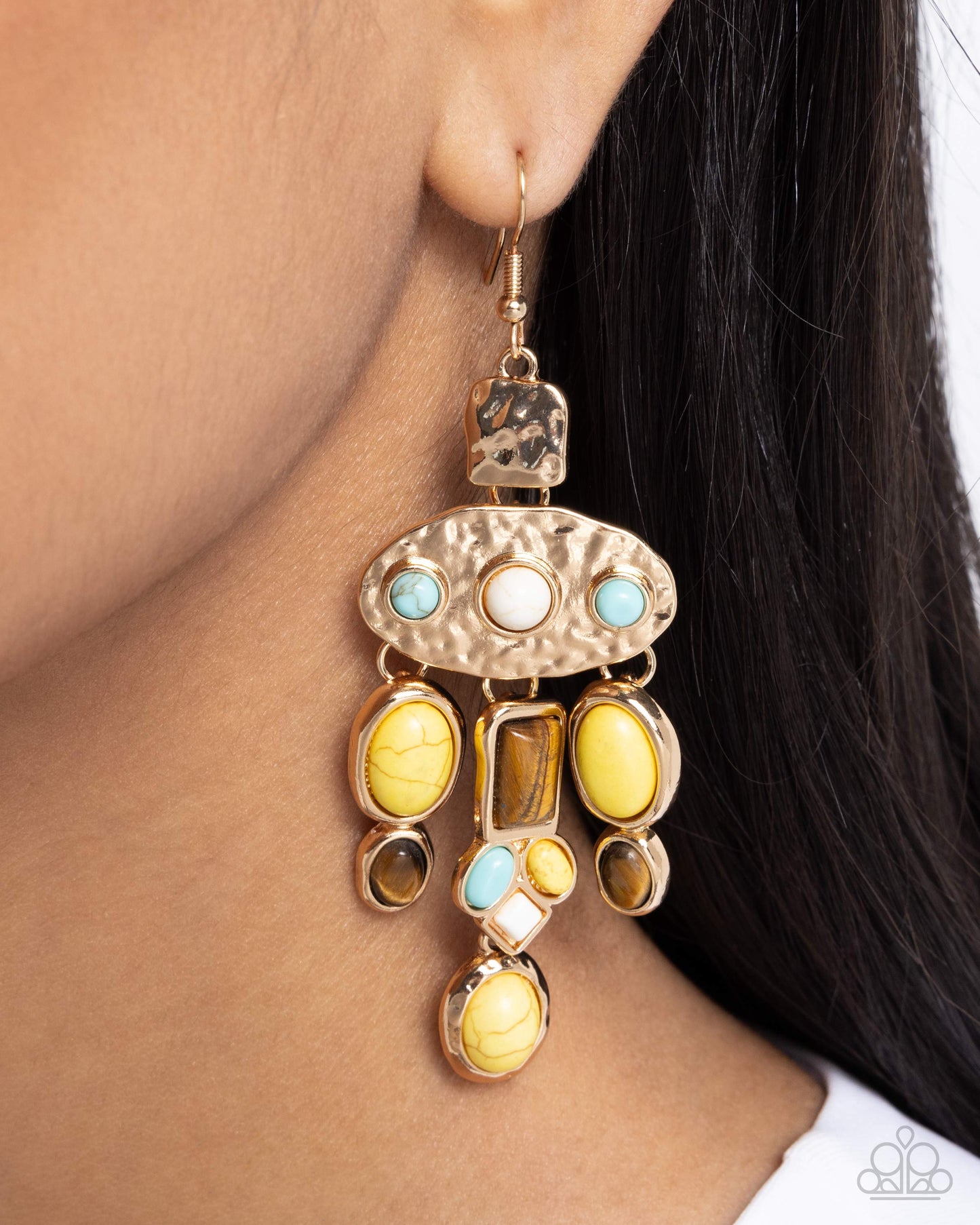 Inspired Interval - Yellow, Tiger's Eye, White & Turquoise Stone Hammered Gold Santa Fe Style Earring Paparazzi E2387