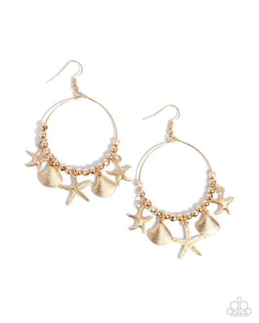 Coastal Conversation - Gold Starfish, Seashell Beach Vibe Earring Paparazzi E2707