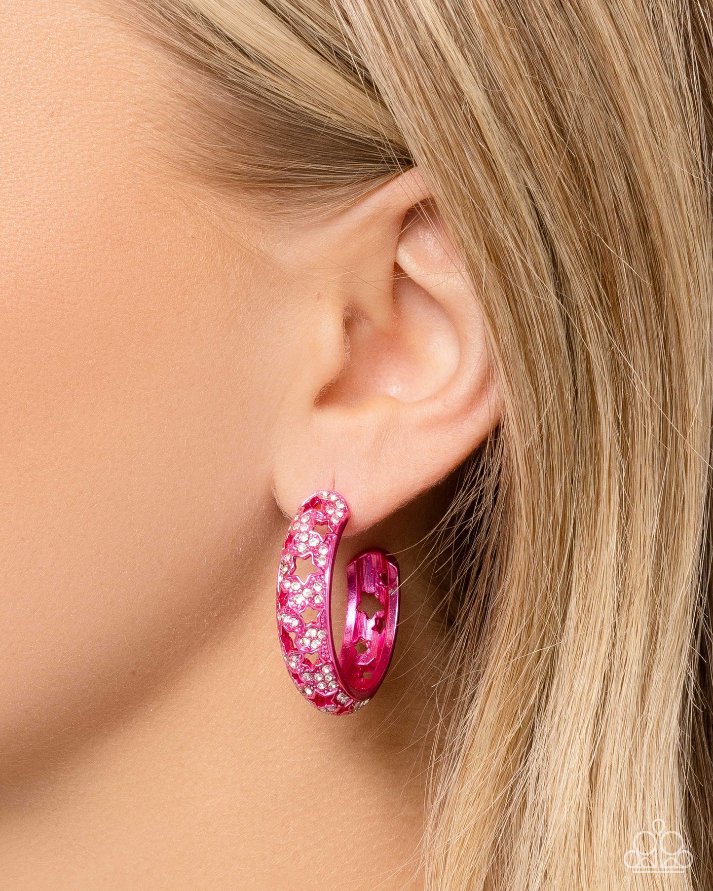 Stellar Significance - Pink Stars & White Rhinestone 1 1/2 Inch Hoop Earring Paparazzi E2535