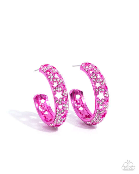 Stellar Significance - Pink Stars & White Rhinestone 1 1/2 Inch Hoop Earring Paparazzi E2535