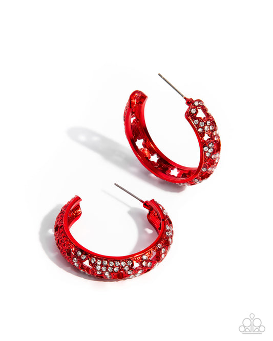 Stellar Significance - Red Starry White Rhinestone 1 1/2 Inch Hoop Earring Paparazzi E1411