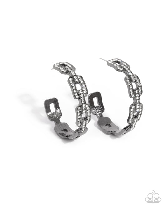 Downtown Decadence - Black Gunmetal Curb Chain Links & White Rhinestone 2 Inch Hoop Earring Paparazzi E2995