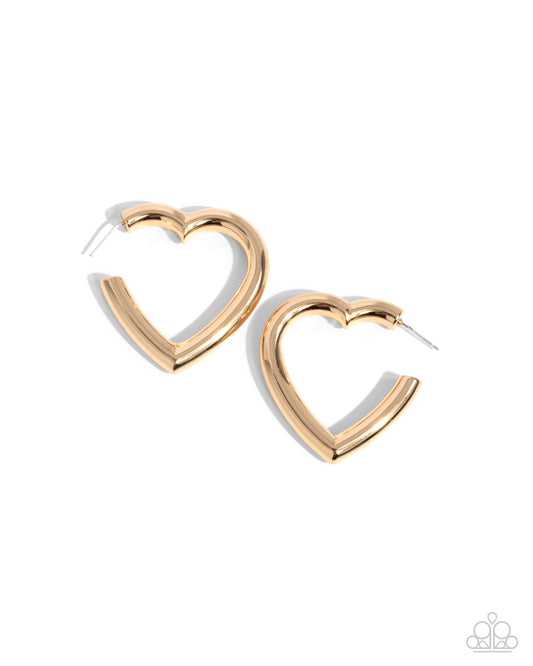 Local Attraction - Gold High Sheen Heart 1 1/2 Inch Hoop Earring Paparazzi E3049