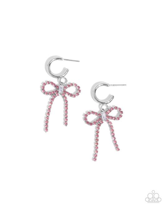 Whispering Whimsy - Pink Light Rose Rhinestone Bow Silver 1/2 Inch Hoop Earring Paparazzi E2375