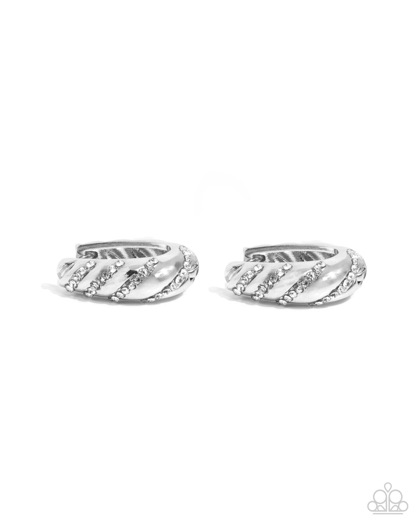 Paved in Glitz - White Rhinestone Embellished 3/4 Inch Silver Hinge Hoop Earring Paparazzi E2437