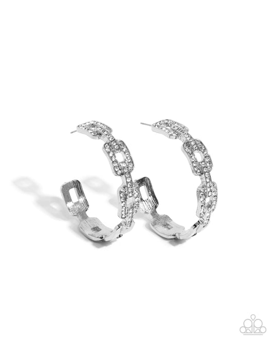 Downtown Decadence - White Rhinestone Embellished Curb Chain Links 2 Inch Hoop Earring Paparazzi E2893