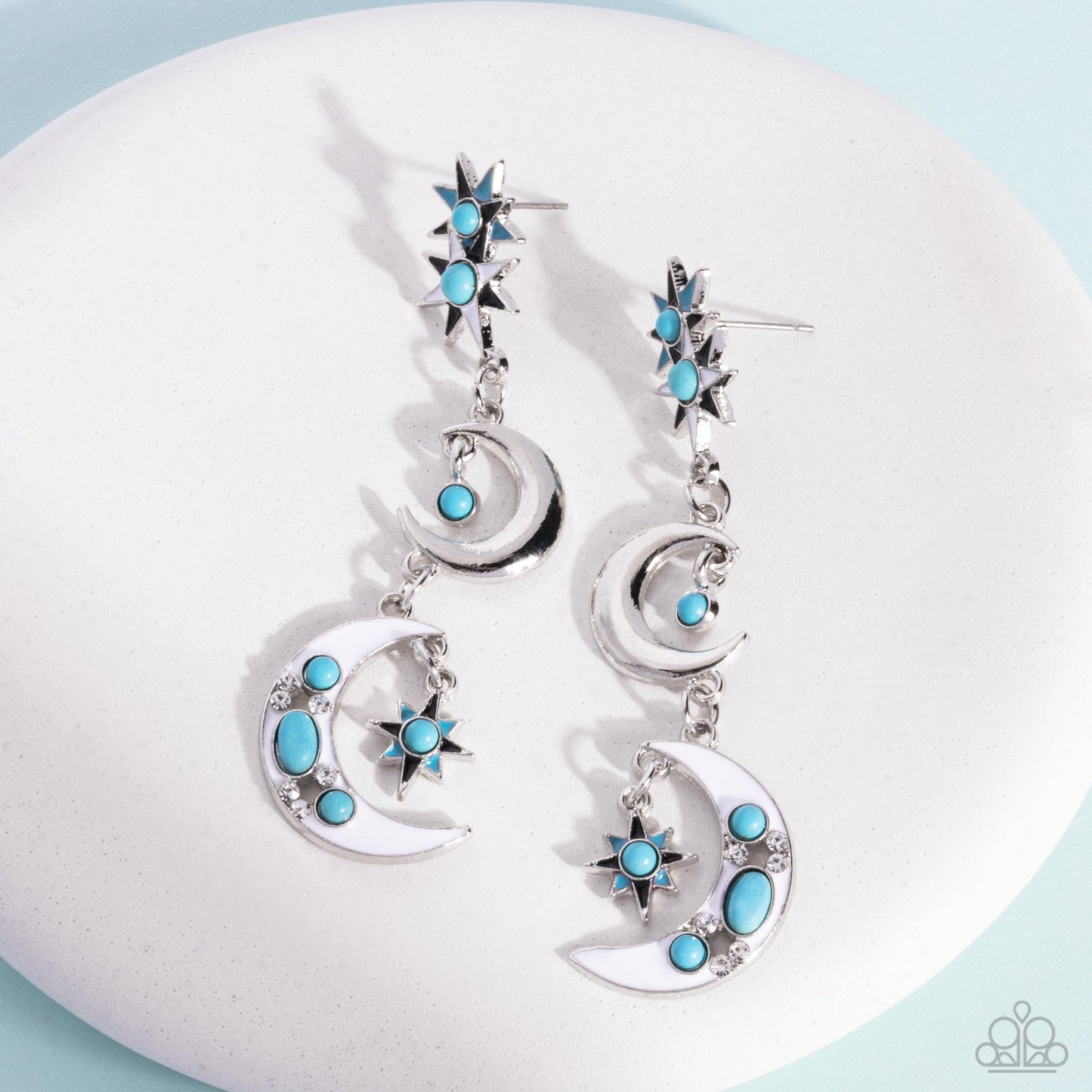 Stellar Serendipity - Blue Turquoise Stone Silver Star & Crescent Moon Earring Santa Fe Style Paparazzi E2319