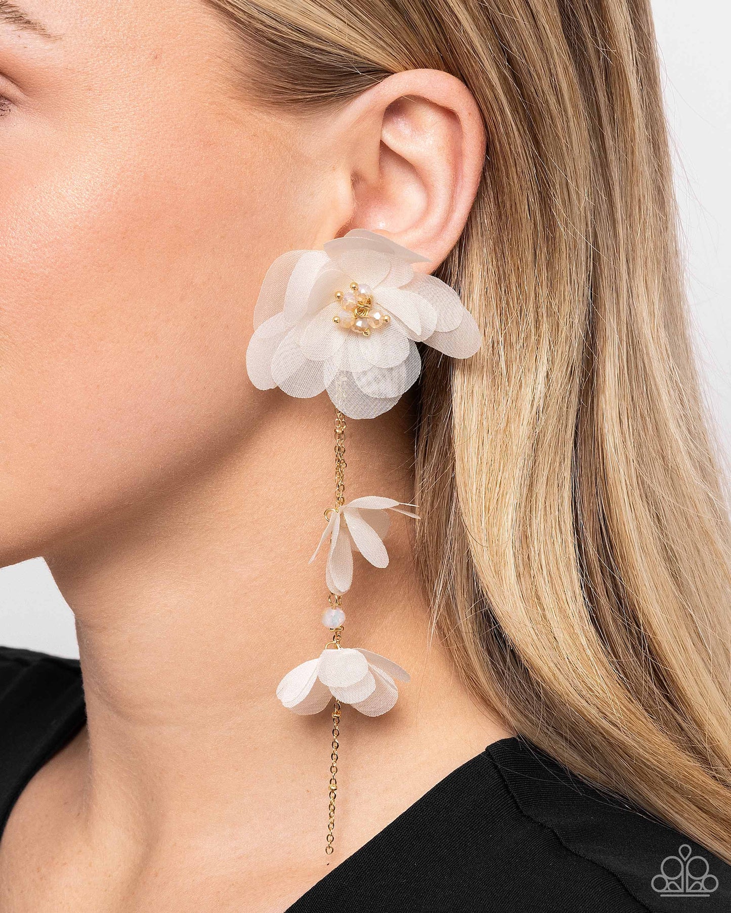 Balletcore - Gold Chain & Ivory Chiffon Flower Chandelier Earring Paparazzi E2823