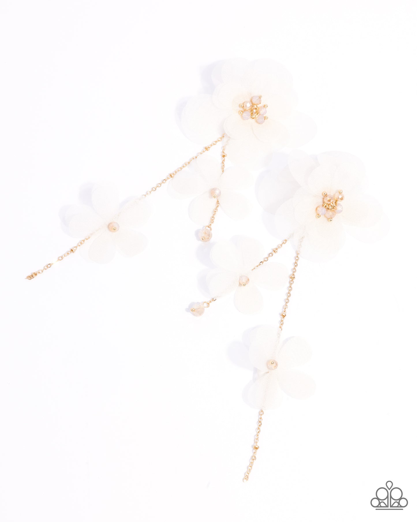 Balletcore - Gold Chain & Ivory Chiffon Flower Chandelier Earring Paparazzi E2823