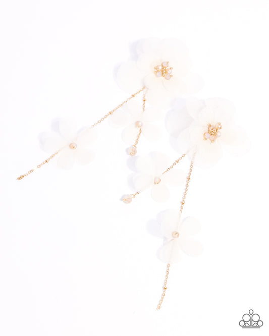Balletcore - Gold Chain & Ivory Chiffon Flower Chandelier Earring Paparazzi E2823