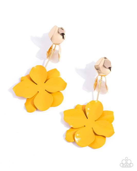 Malibu Moderato - Gold & Saffron Painted Floral Earring Paparazzi E2405