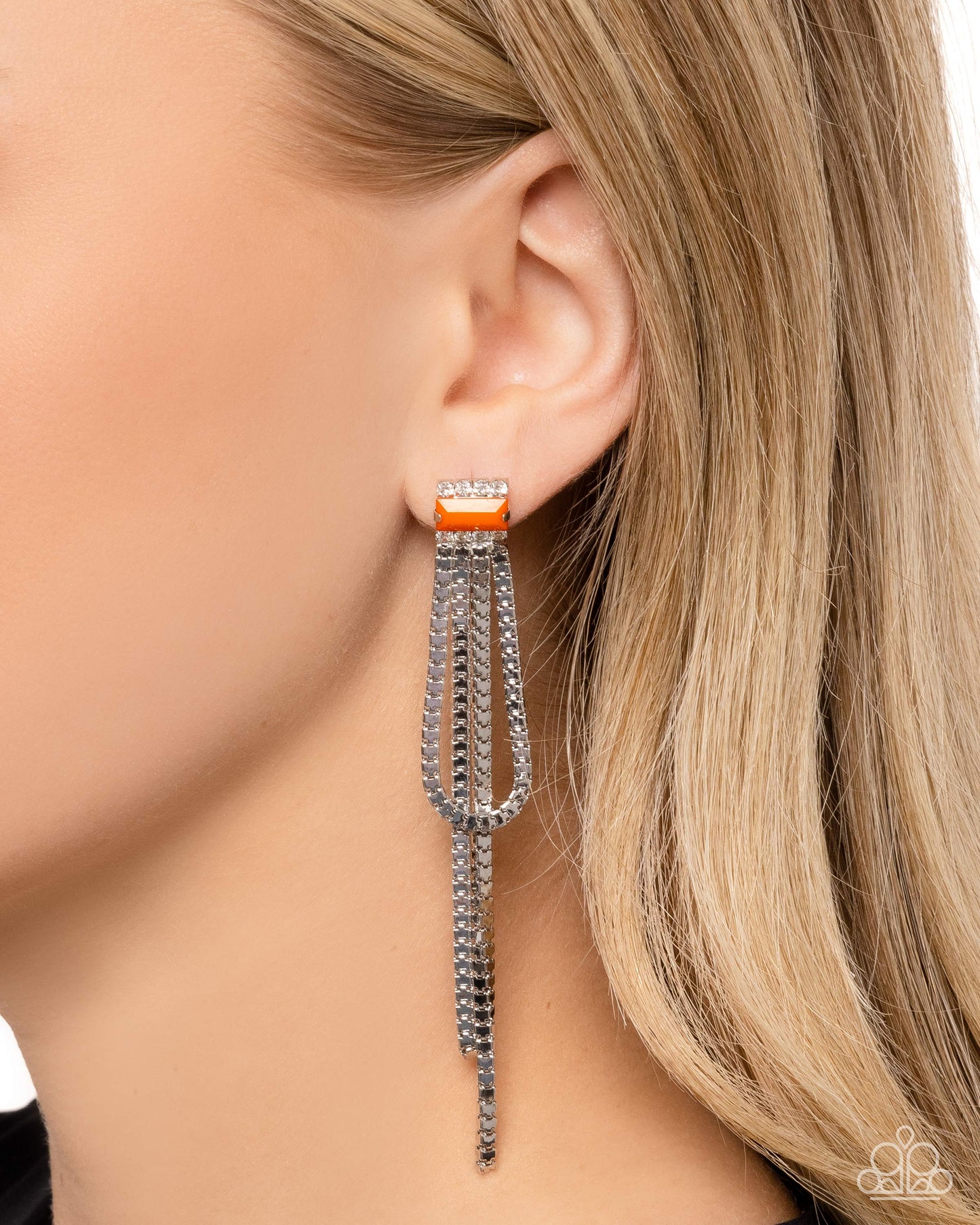 Classy Curves - Orange - Red Orange Acrylic & White Rhinestone Silver Chain Earring Paparazzi E2832