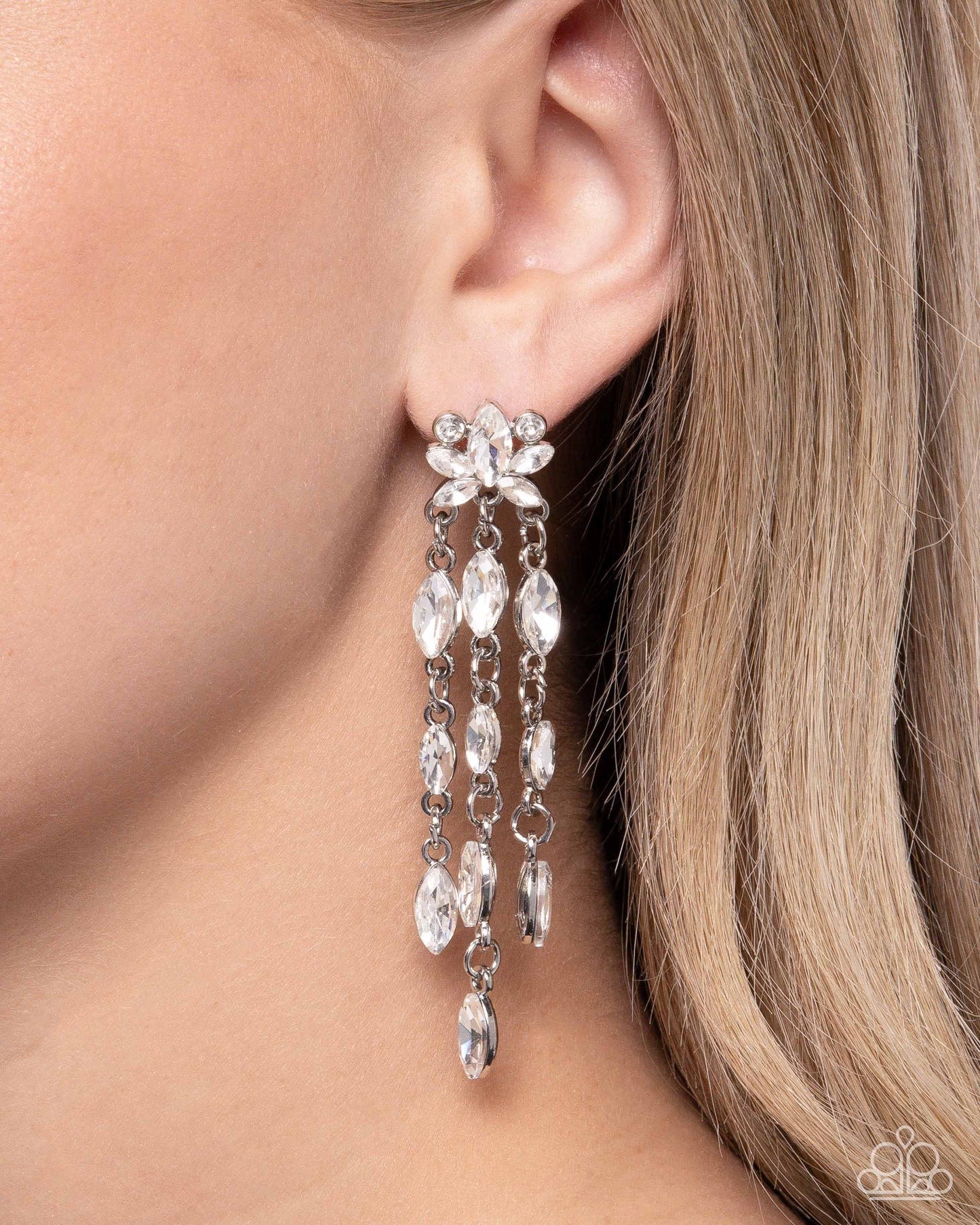 Lively Lure - White Gem Silver Chain Earring Paparazzi E2407