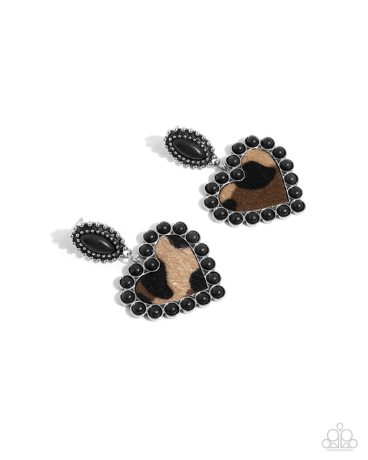 Whimsical Wrangler - Black & Brown Cow Print Heart Post Earring Santa Fe Style Paparazzi E2311