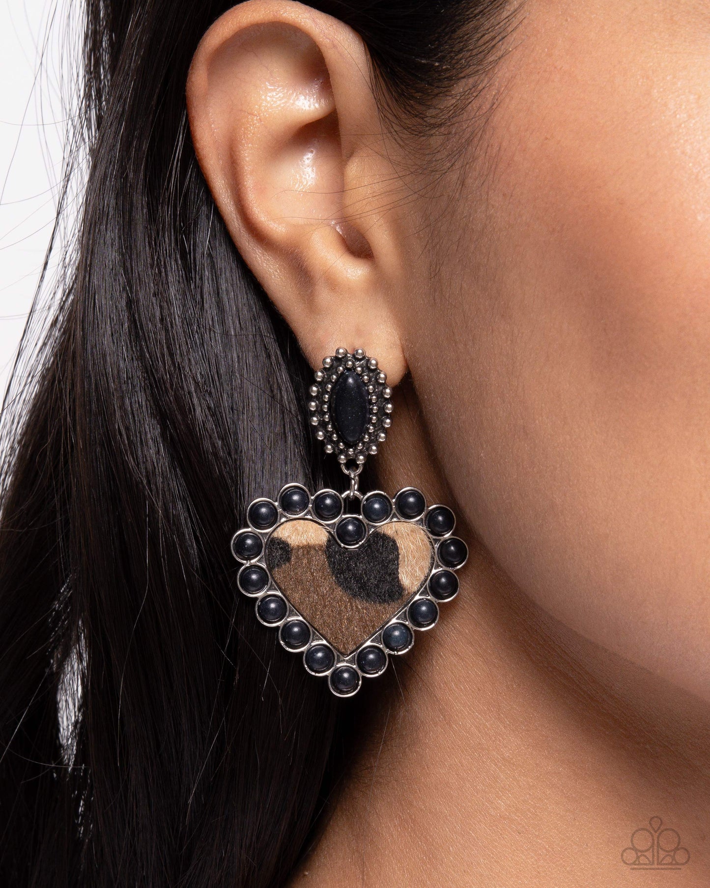 Whimsical Wrangler - Black & Brown Cow Print Heart Post Earring Santa Fe Style Paparazzi E2311