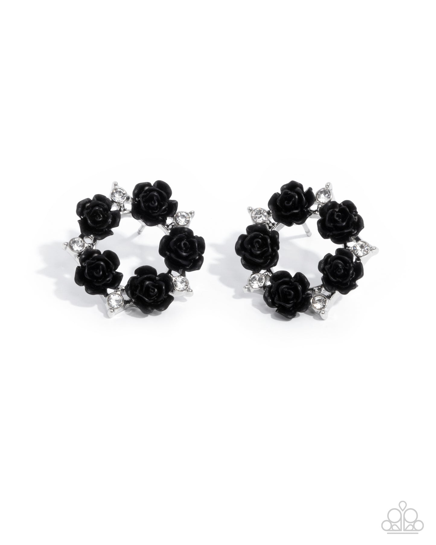 Grace Personified - Black Rosette & White Rhinestone Post Earring Paparazzi E2463