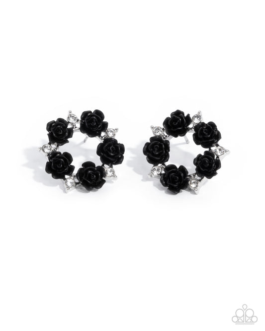 Grace Personified - Black Rosette & White Rhinestone Post Earring Paparazzi E2463