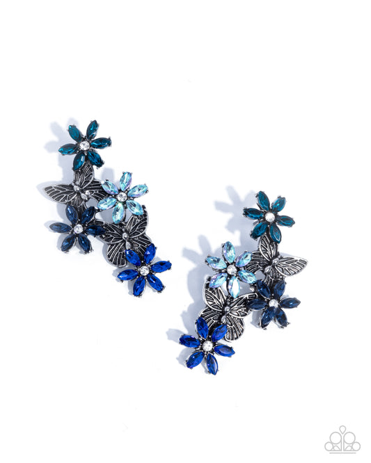 Aerial Award - Blue Multicolored & Iridescent Blue Gem Flower & Silver Butterfly Earring E2959