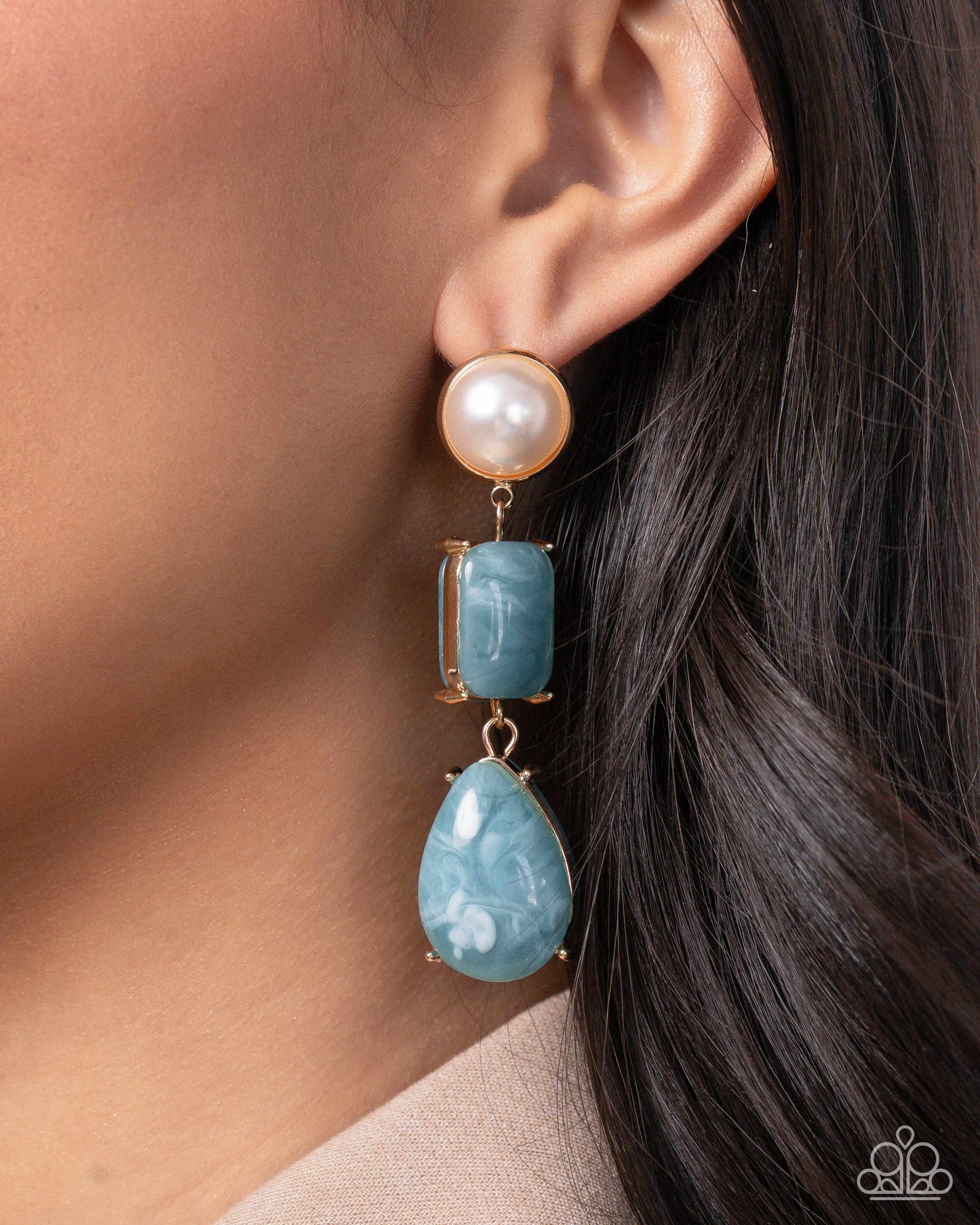 Marbled Masterpiece - Blue Marbled Bead & White Pearl Earring Paparazzi E2099