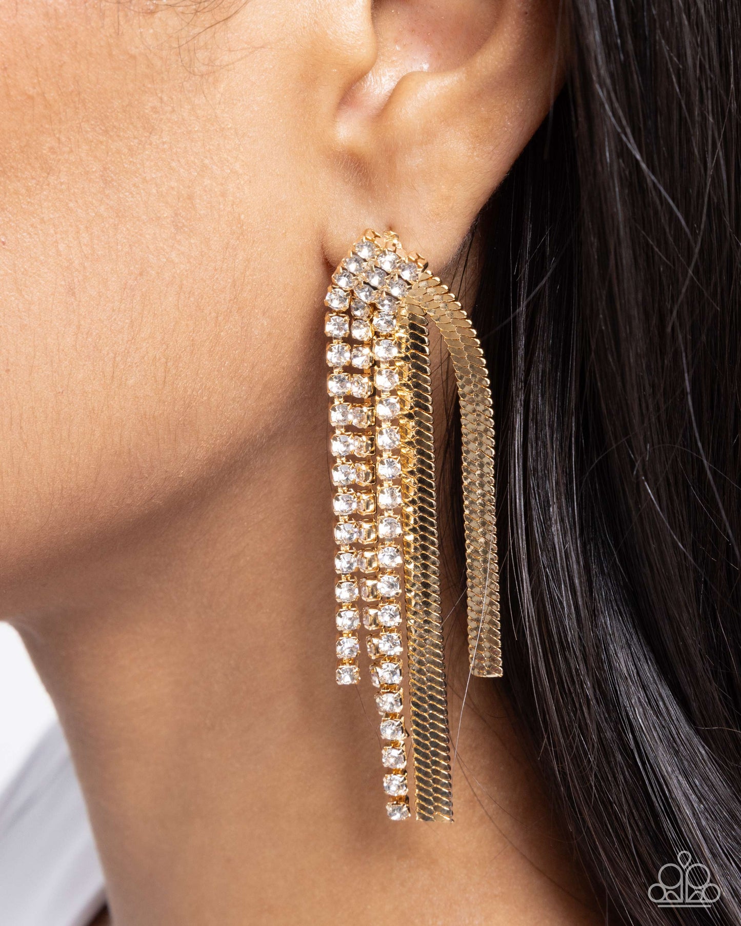 Dramatic Downpour - Gold Herringbone Chain & White Rhinestone Strands Post Earring Paparazzi
