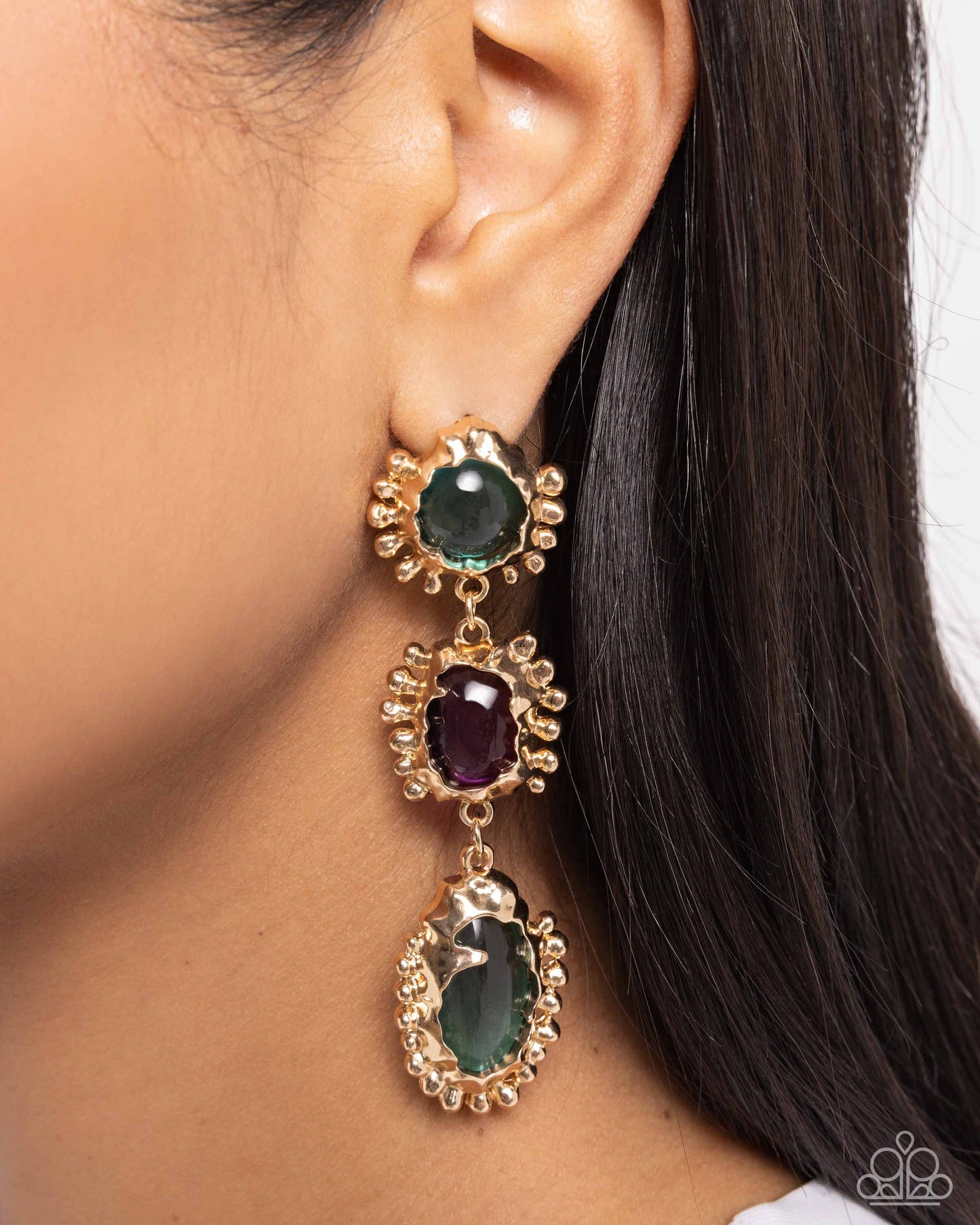 Emotional Elegance - Green Aventurine, Plum & Gold Frame Earring Paparazzi E2367