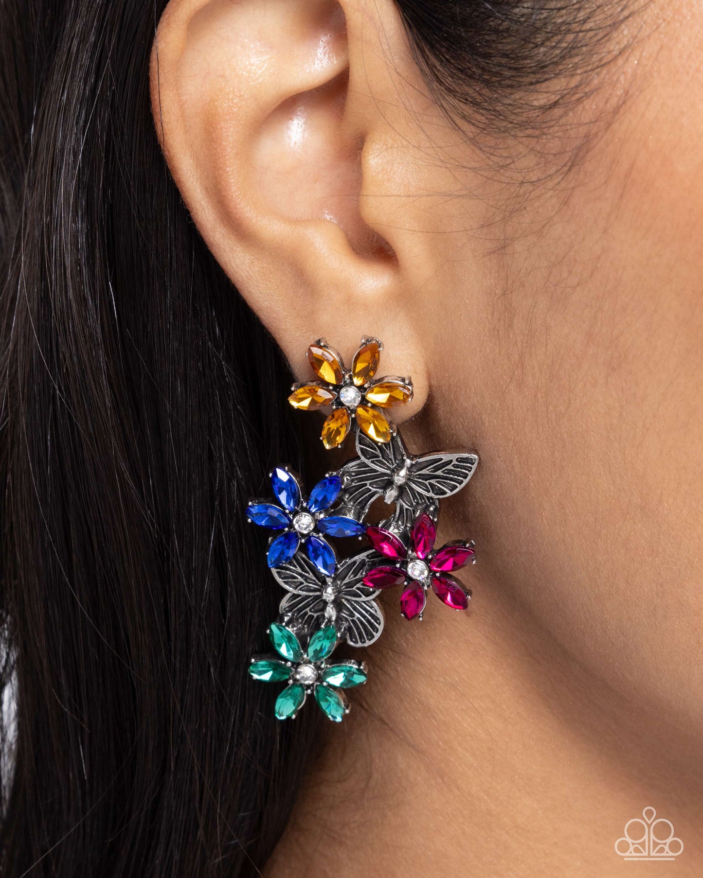 Aerial Award - Multicolored Flower & Silver Butterfly Post Earring Paparazzi E2860