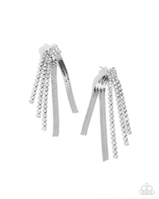 Paparazzi Dramatic Downpour - White Rhinestone & Silver Herringbone Chain Post Earring E2103