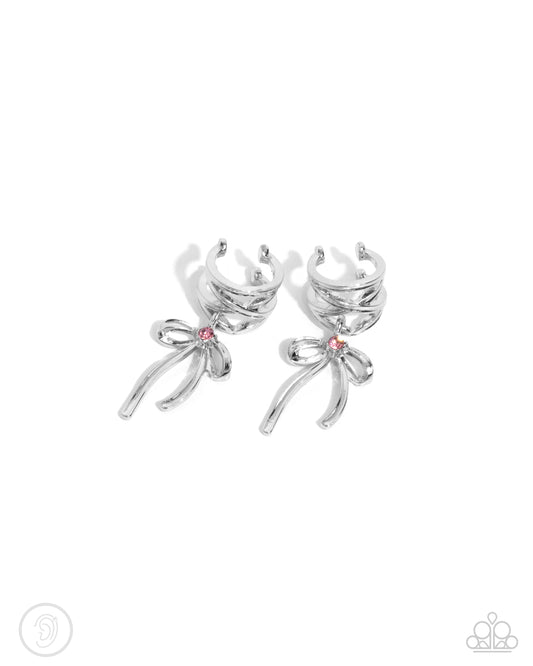 Ballet Lacing - Pink Light Rose Rhinestone & Silver Bow Ear Cuff Paparazzi E2309