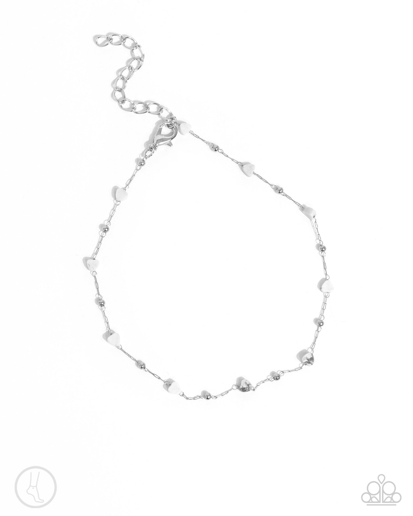 Dont Mention It - White Heart Stone Stainless Steel Satellite Chain Anklet Santa Fe Style Paparazzi