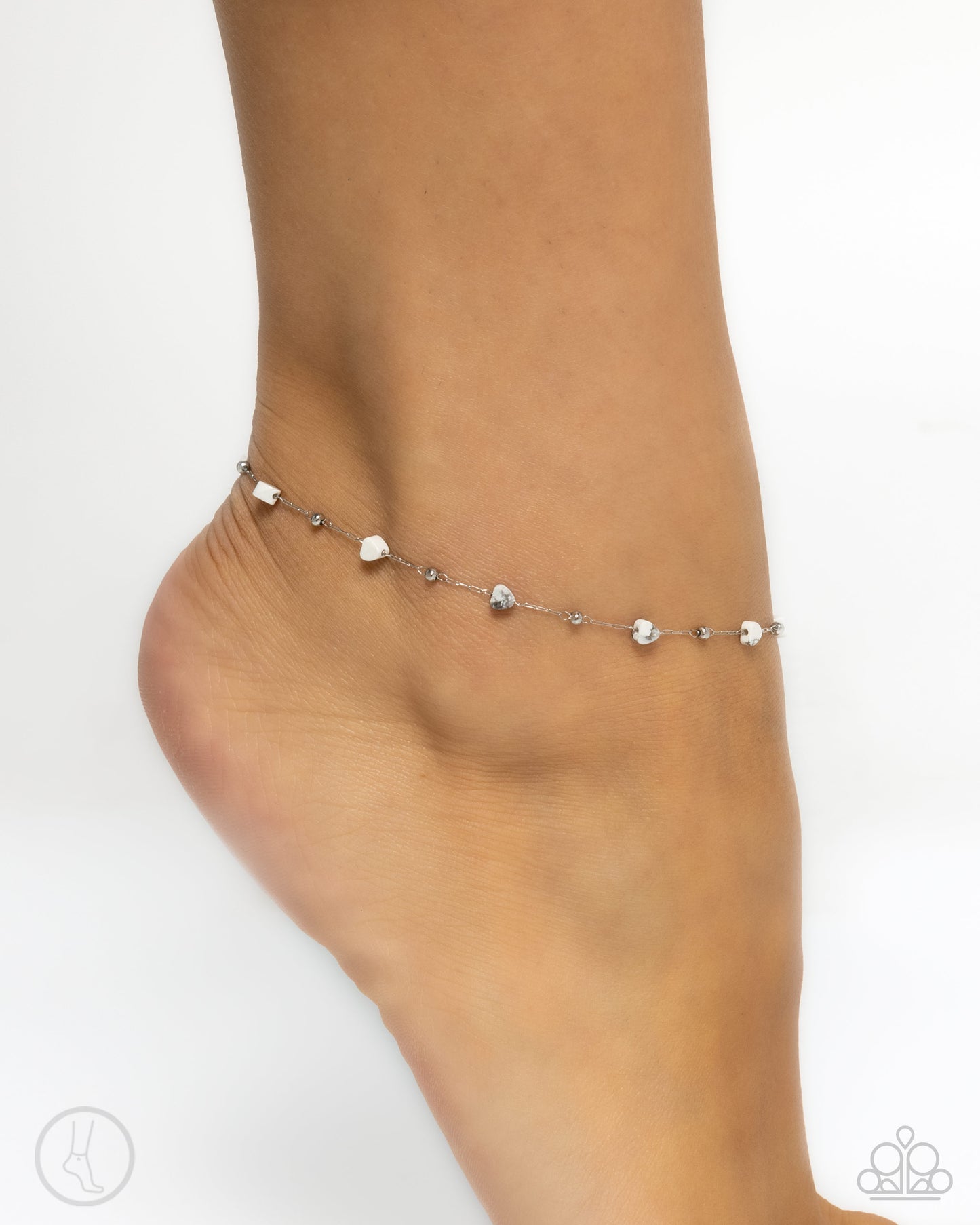 Dont Mention It - White Heart Stone Stainless Steel Satellite Chain Anklet Santa Fe Style Paparazzi