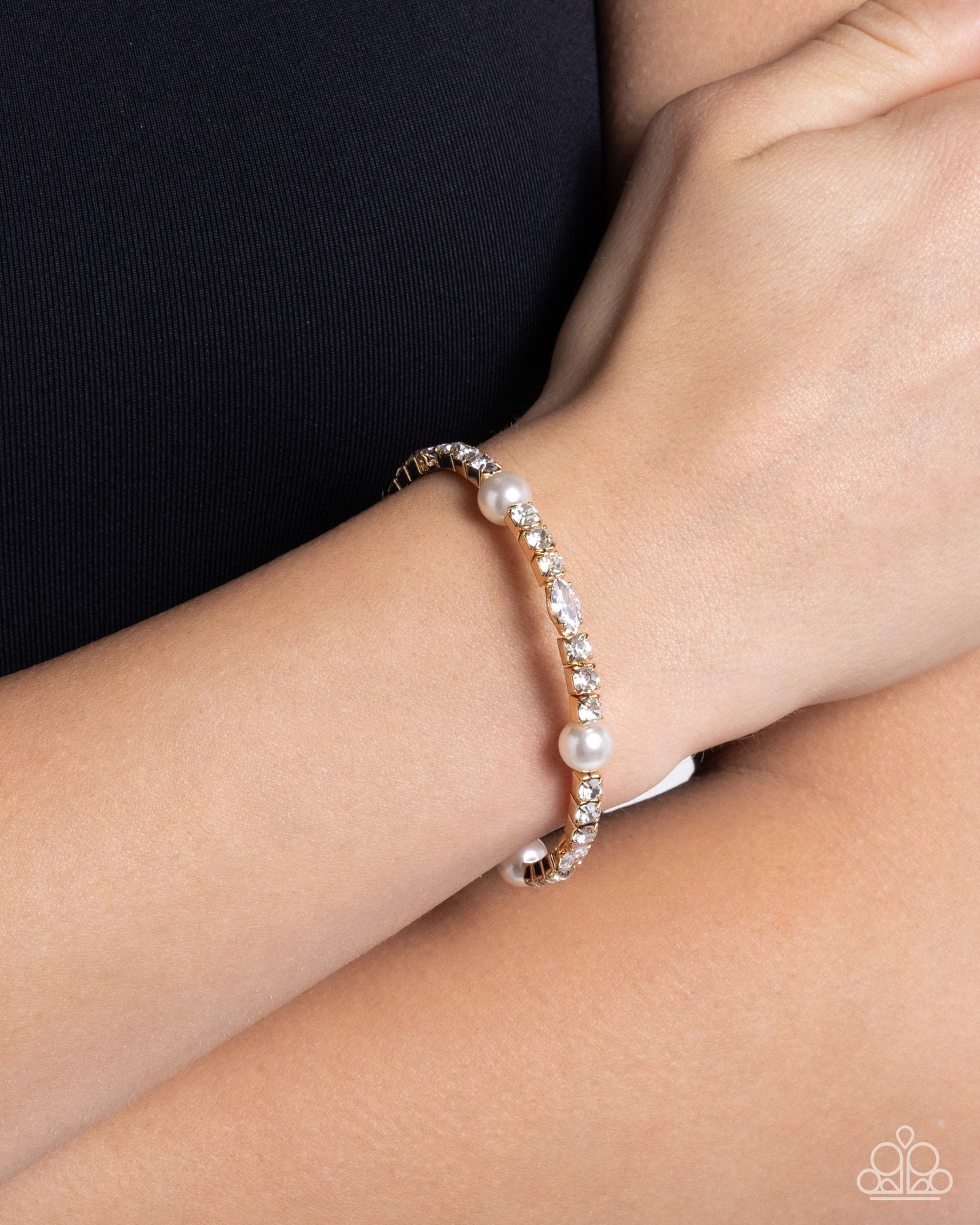 Ladylike Leader - Gold, White Pearl & Gem Cuff Bracelet Paparazzi B1912