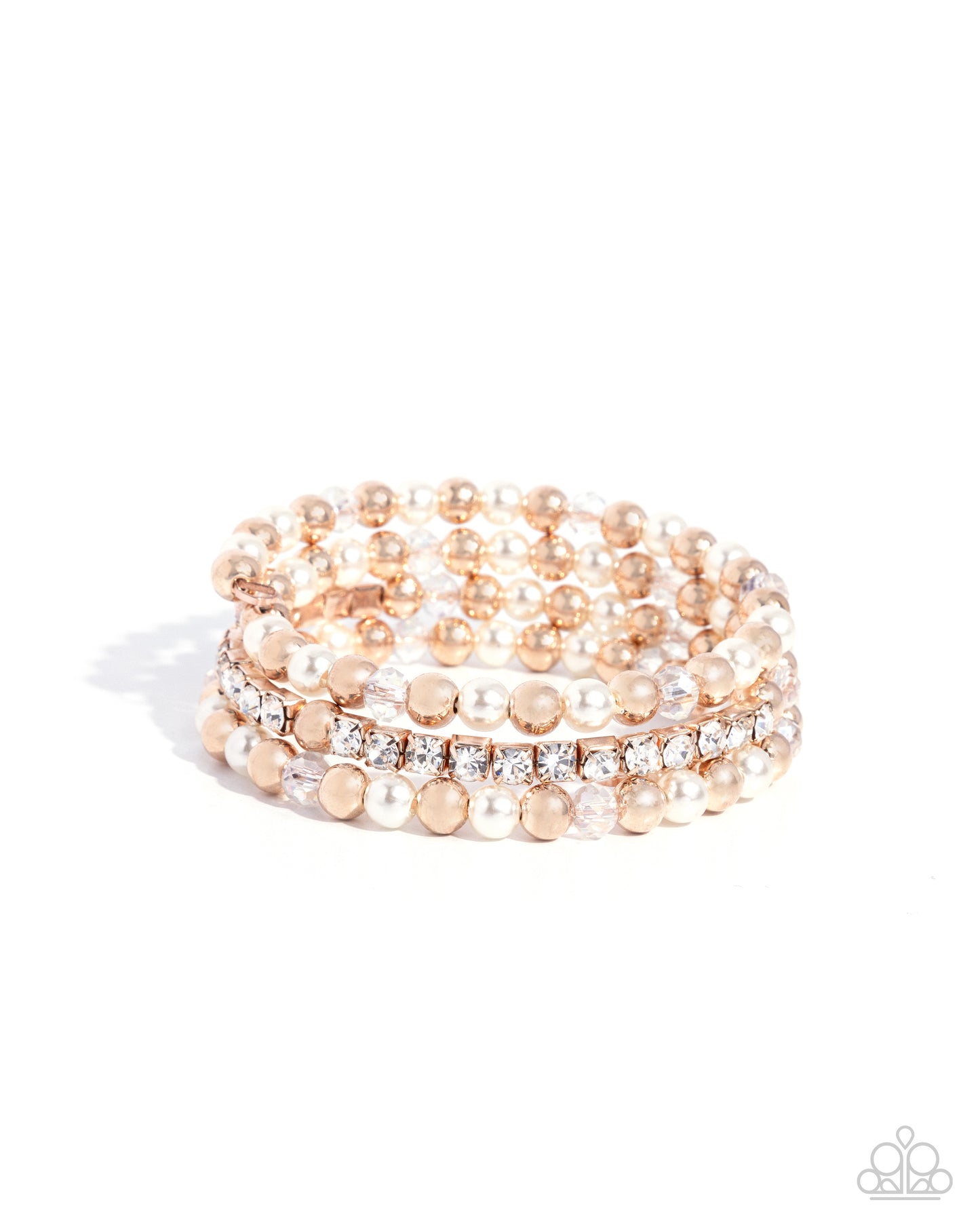 Serene Stack - Rose Gold, White Pearl Bead & White Gem Coil Bracelet Paparazzi B1921