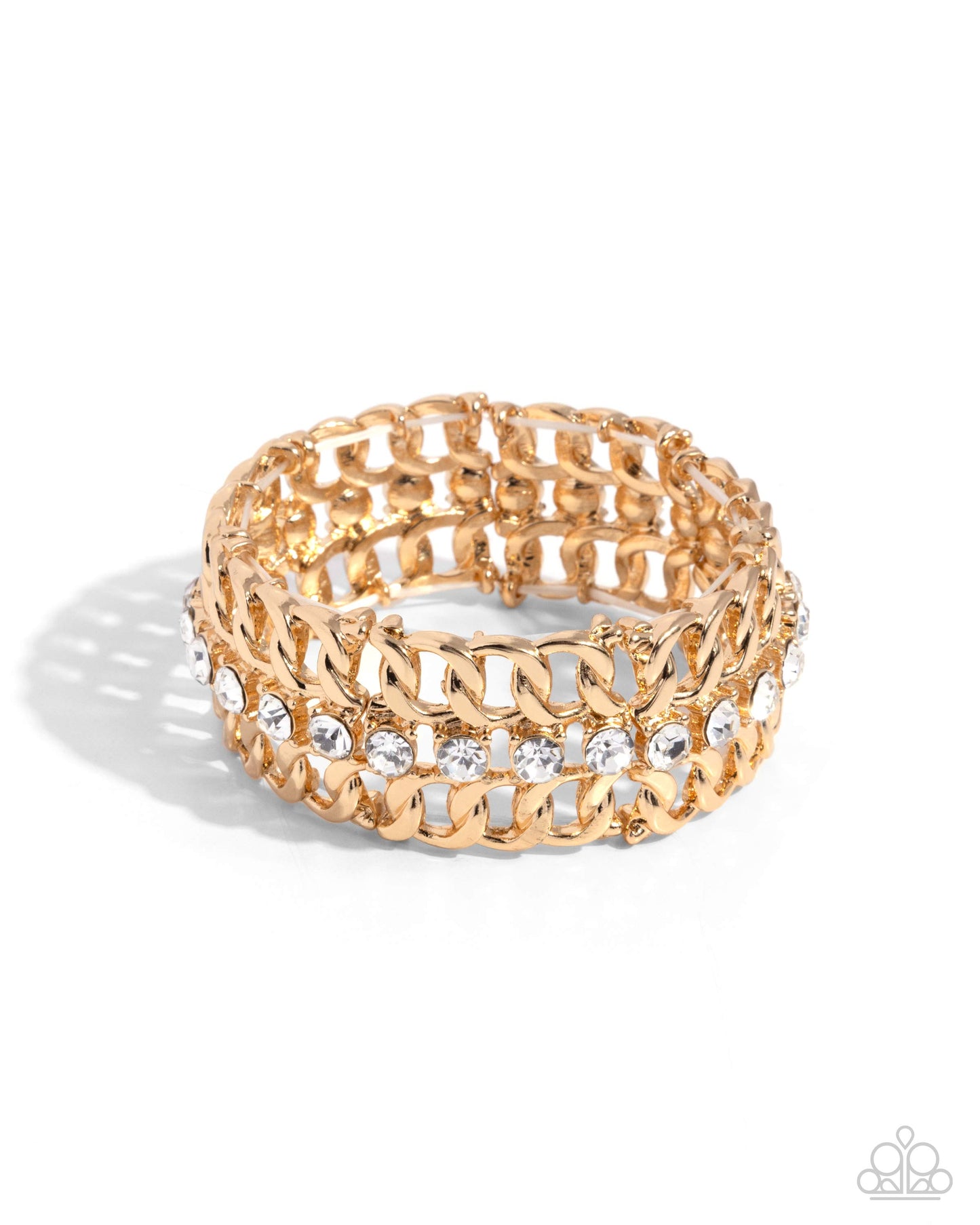 Secure Shimmer - Gold Curb Chains, White Gem Stretch Bracelet Paparazzi B2064