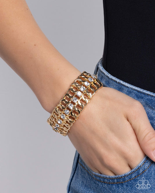 Secure Shimmer - Gold Curb Chains, White Gem Stretch Bracelet Paparazzi B2064