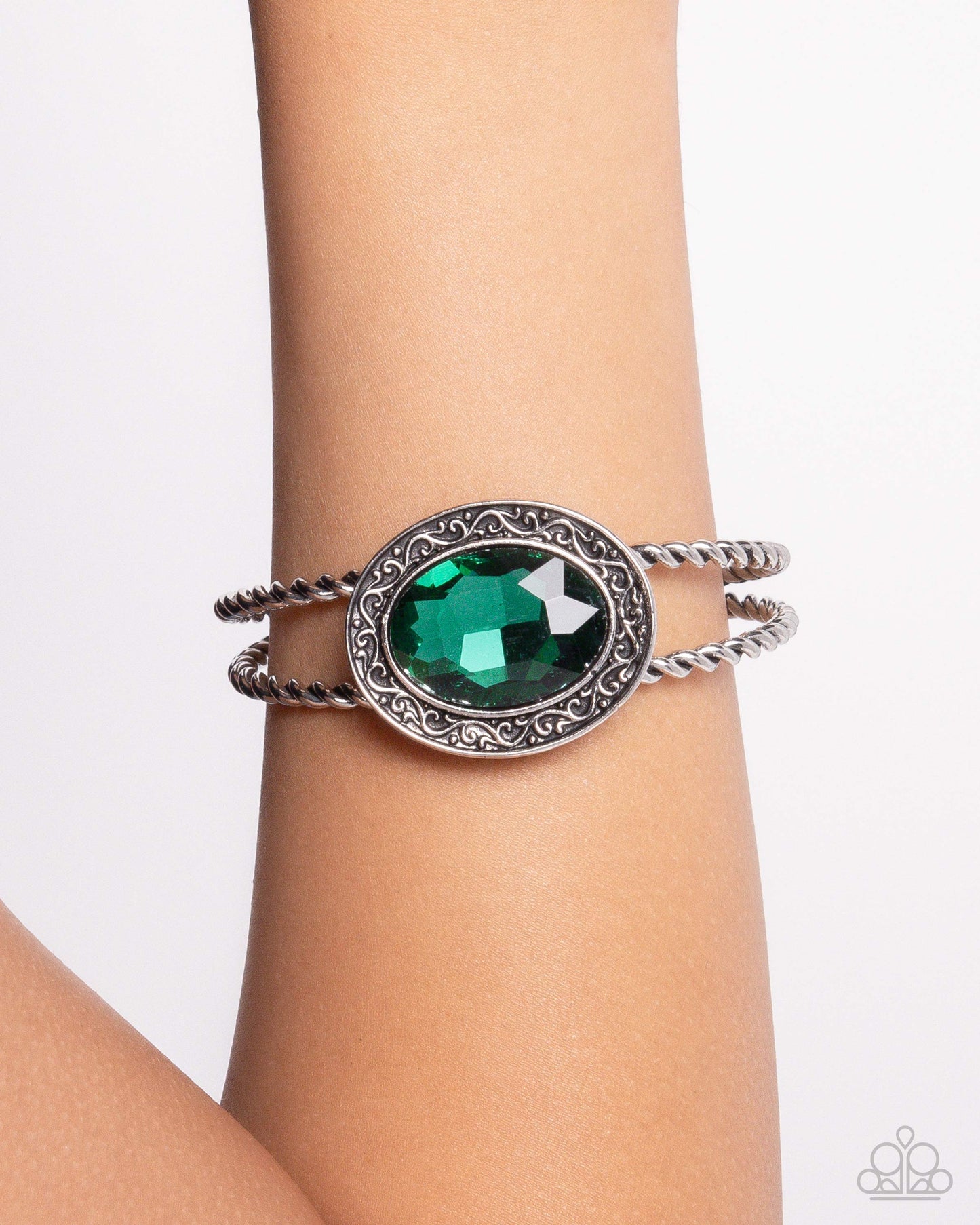 Braided Balance - Green Emerald Gem Silver Cuff Bracelet Paparazzi B1979