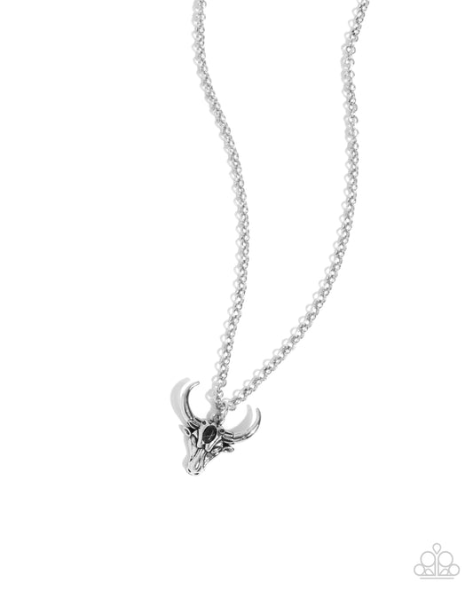 Speeding Up - Black Stone Silver Longhorn Skull Pendant Urban Santa Fe Style Necklace Paparazzi N3156