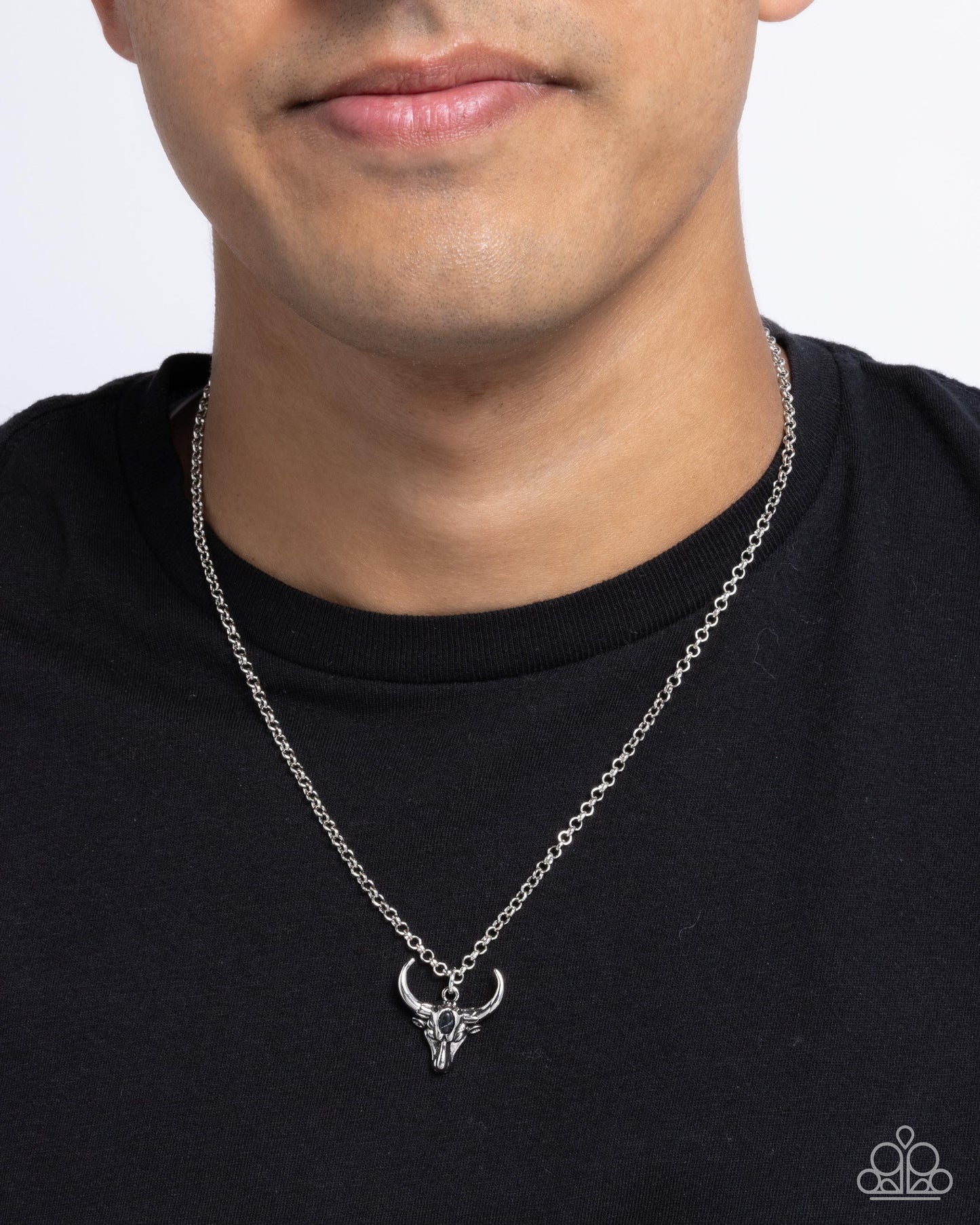 Speeding Up - Black Stone Silver Longhorn Skull Pendant Urban Santa Fe Style Necklace Paparazzi N3156