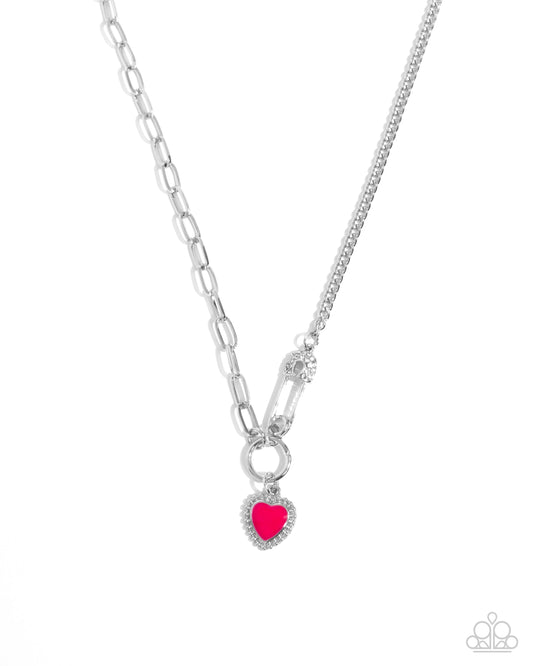 Valuable Valor - Pink Peacock Painted Heart Silver Paperclip Chain Necklace Paparazzi N3302