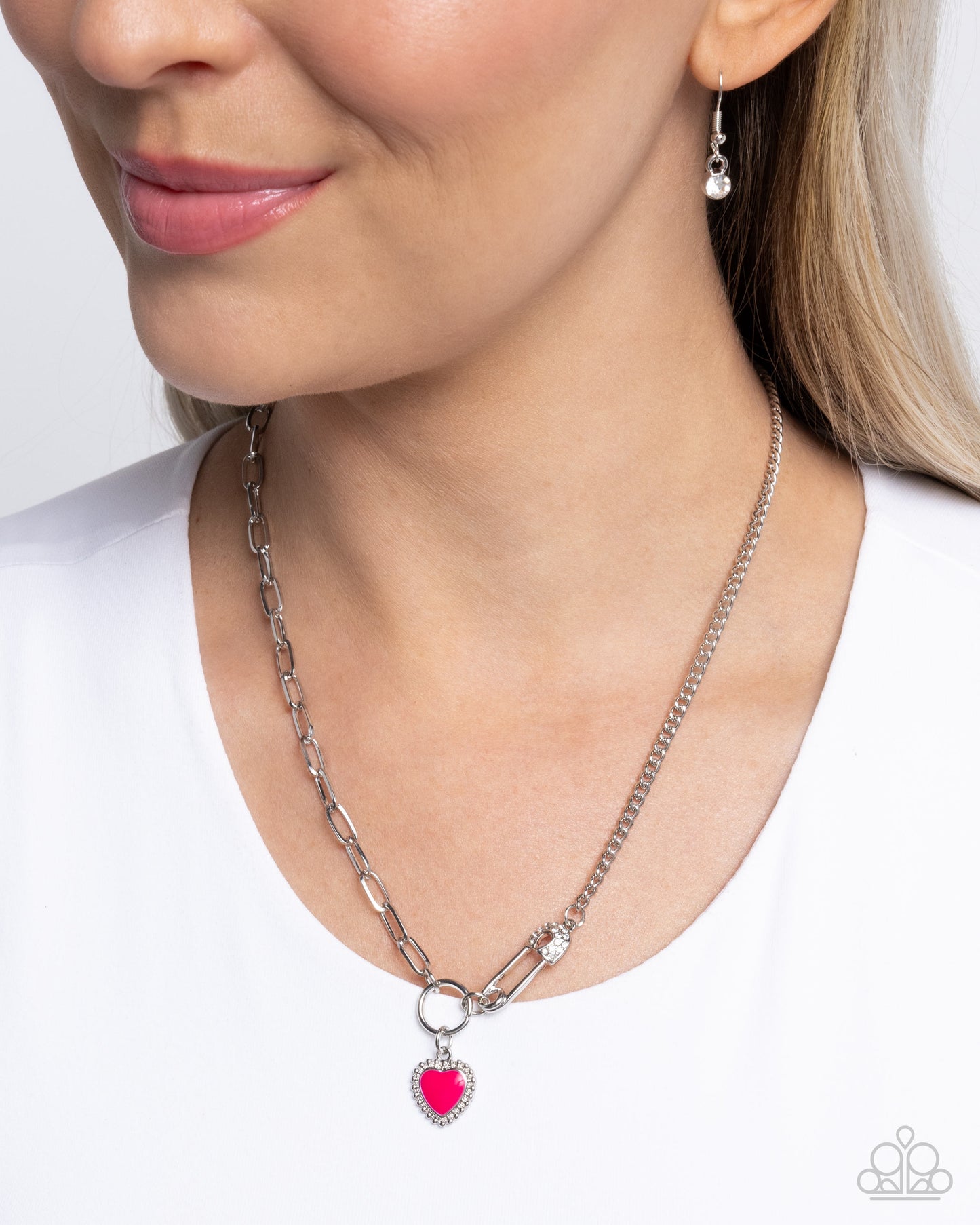 Valuable Valor - Pink Peacock Painted Heart Silver Paperclip Chain Necklace Paparazzi N3302