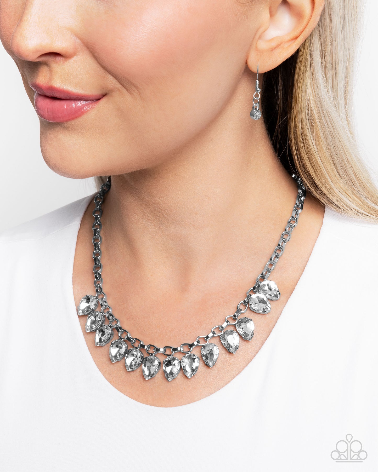 Vicious Vibrancy - White Teardrop Gem Silver Cable Chain Necklace Paparazzi N3466