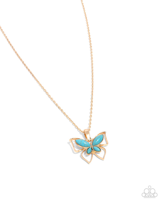 Papillon Persuasion - Gold Frame Blue Turquoise Stone Butterfly Necklace Santa Fe Style Paparazzi N3400