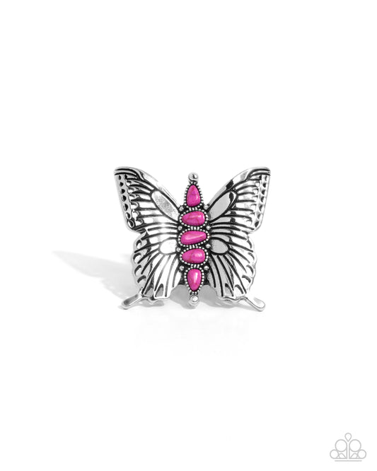 Brash Butterfly - Pink Stone Silver Oversized Butterfly Ring Paparazzi R1017