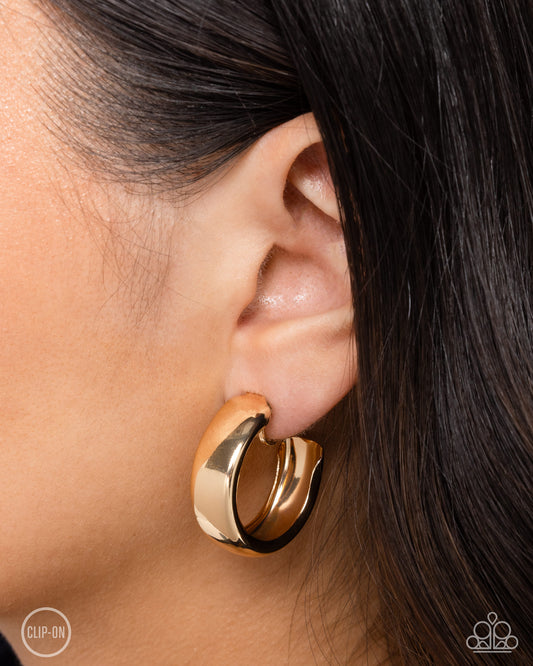 Round Reputation - Gold Thick 1 Inch Clip On Hoop Earring Paparazzi E2369