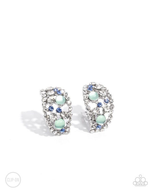 Elite Embrace - Green Mint Opalescent, Light Sapphire & White Rhinestone Clip-On Earring Paparazzi E2422