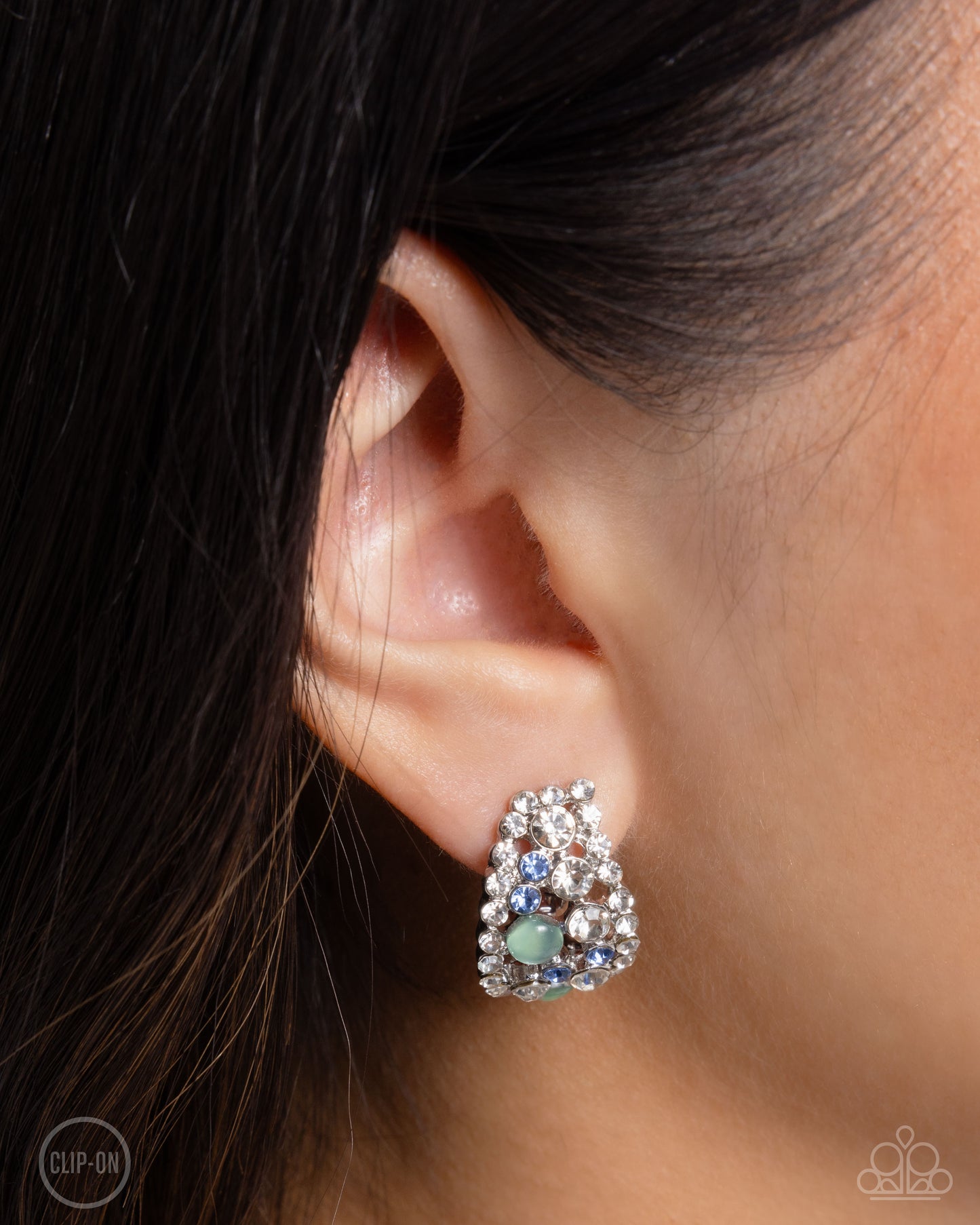 Elite Embrace - Green Mint Opalescent, Light Sapphire & White Rhinestone Clip-On Earring Paparazzi E2422