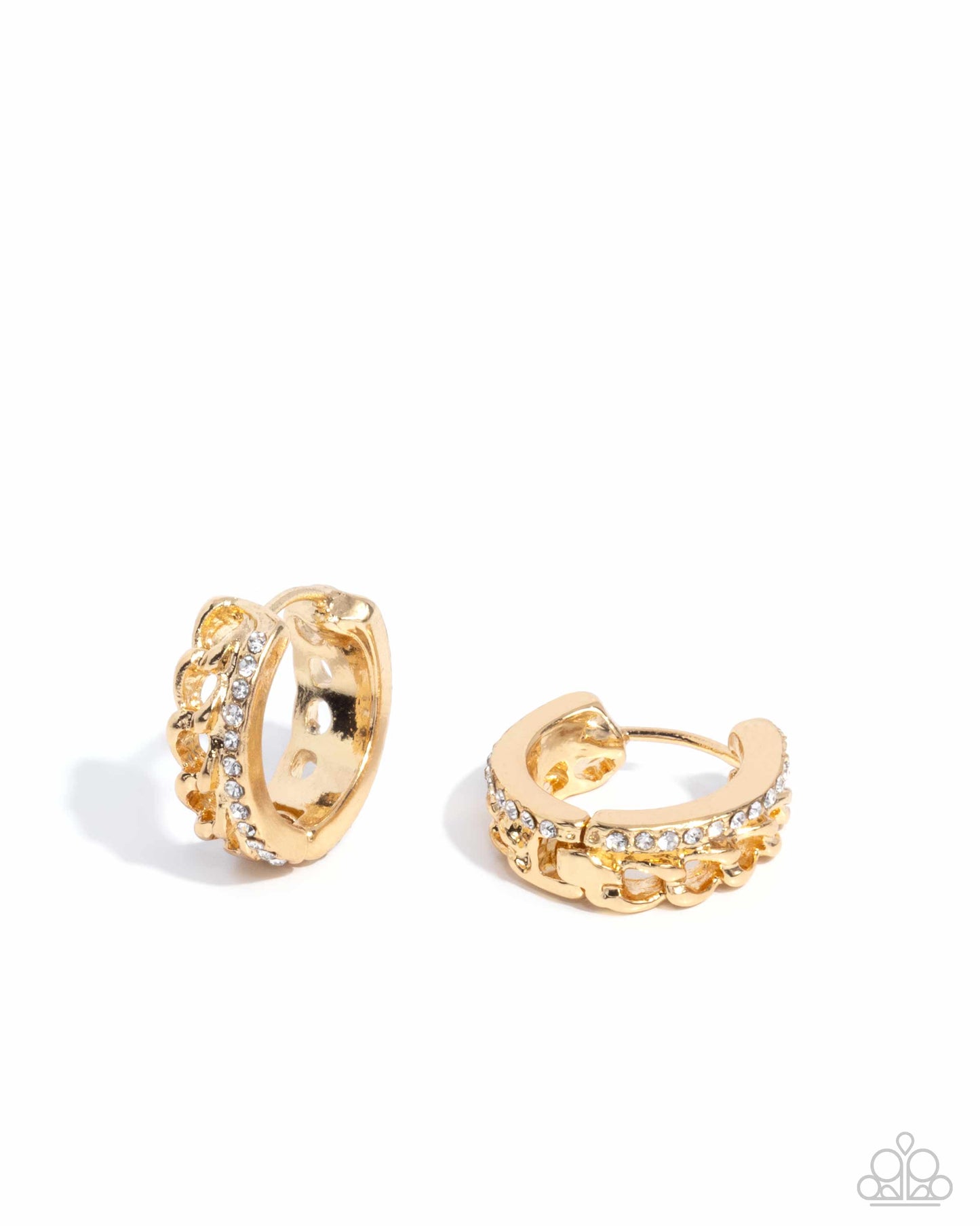Lethal Layers - Gold & White Rhinestone Hinge 3/4 Inch Hoop Earring Paparazzi E2376