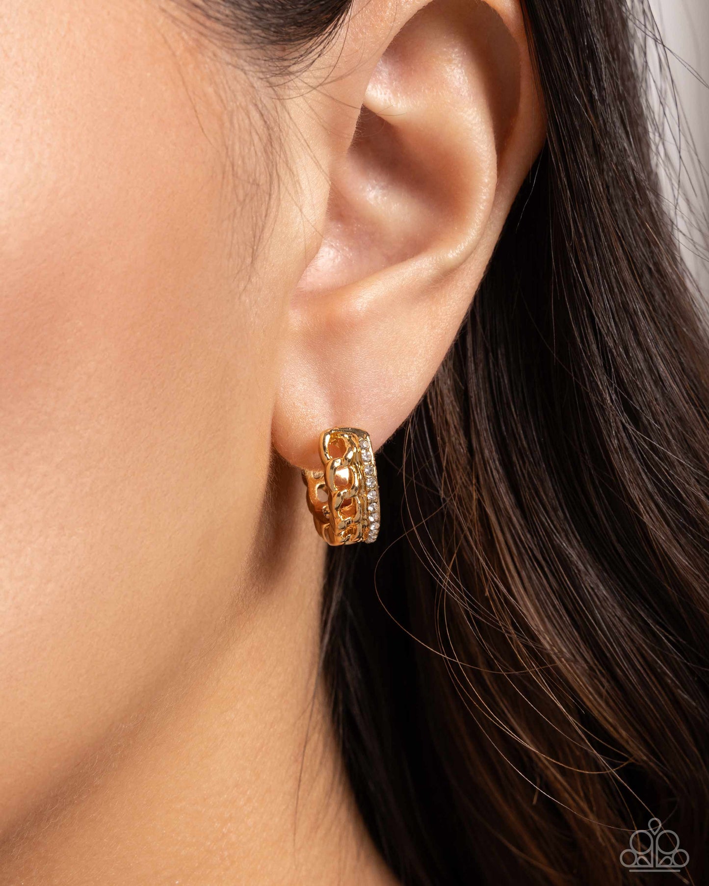 Lethal Layers - Gold & White Rhinestone Hinge 3/4 Inch Hoop Earring Paparazzi E2376