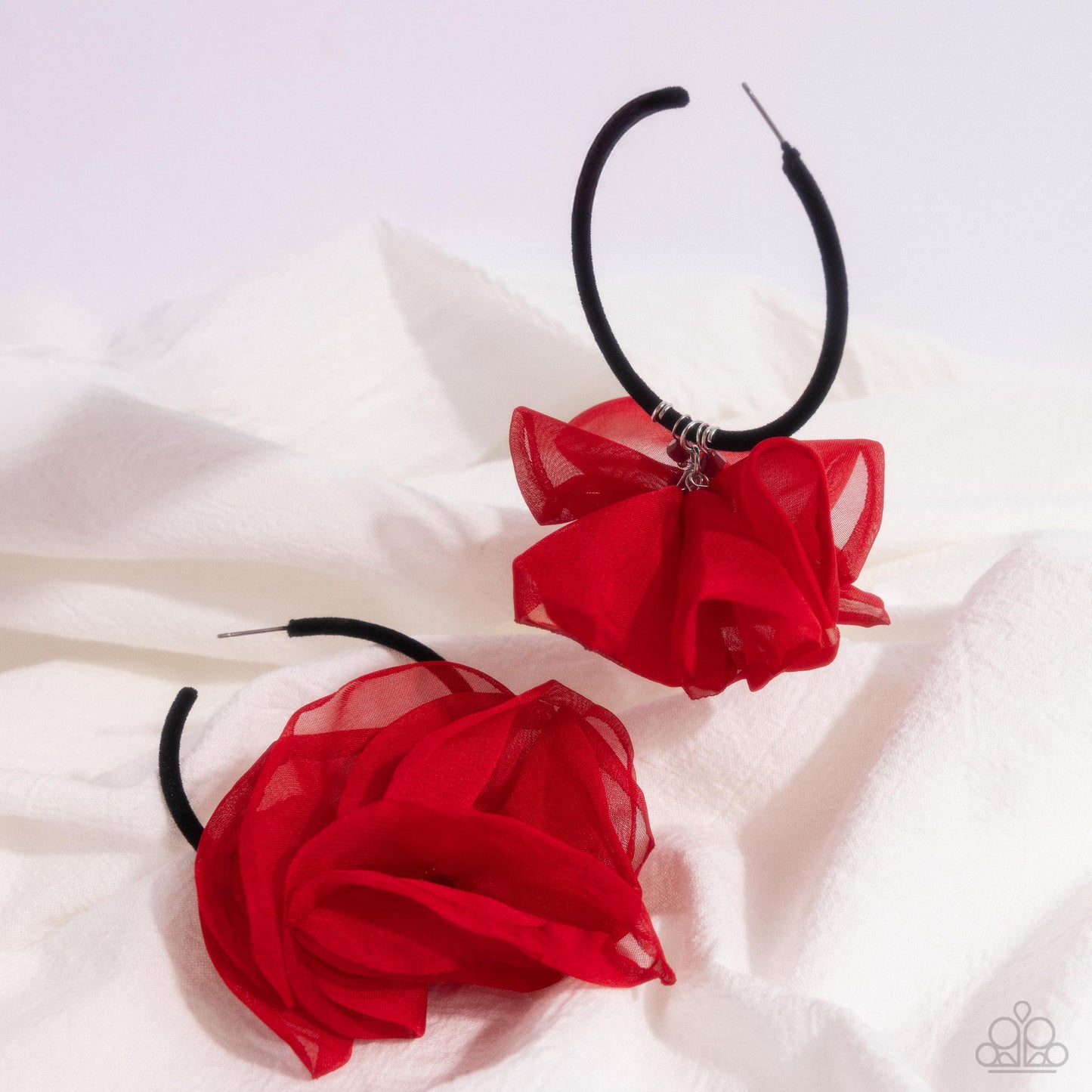 Passionate Promenade - Red Chiffon Petal & Black Velvet 2 Inch Hoop Earring E2401
